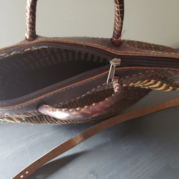 Handcrafted Brown and Tan Woven Tote Bag With Leather Handles - Picture 4 of 8